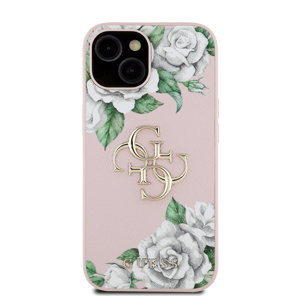 iPhone 15 Kılıf Guess Orijinal Lisanslı Gül Baskılı Büyük Metal Logo Dizaynlı Kılıf