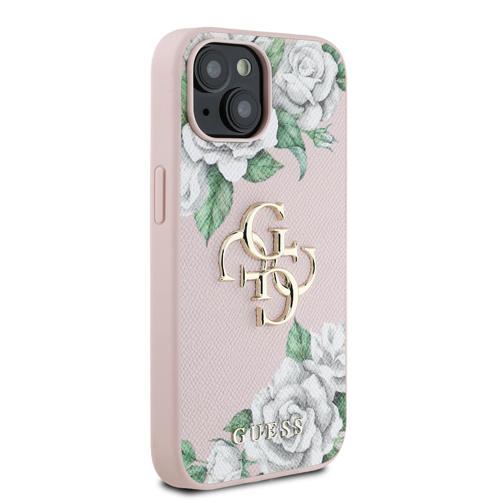 iPhone 15 Kılıf Guess Orijinal Lisanslı Gül Baskılı Büyük Metal Logo Dizaynlı Kılıf