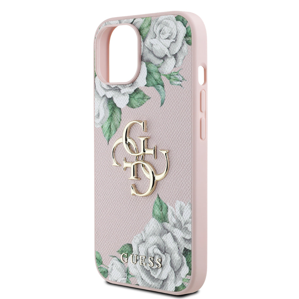 iPhone 15 Kılıf Guess Orijinal Lisanslı Gül Baskılı Büyük Metal Logo Dizaynlı Kılıf
