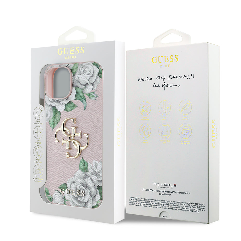 iPhone 15 Kılıf Guess Orijinal Lisanslı Gül Baskılı Büyük Metal Logo Dizaynlı Kılıf