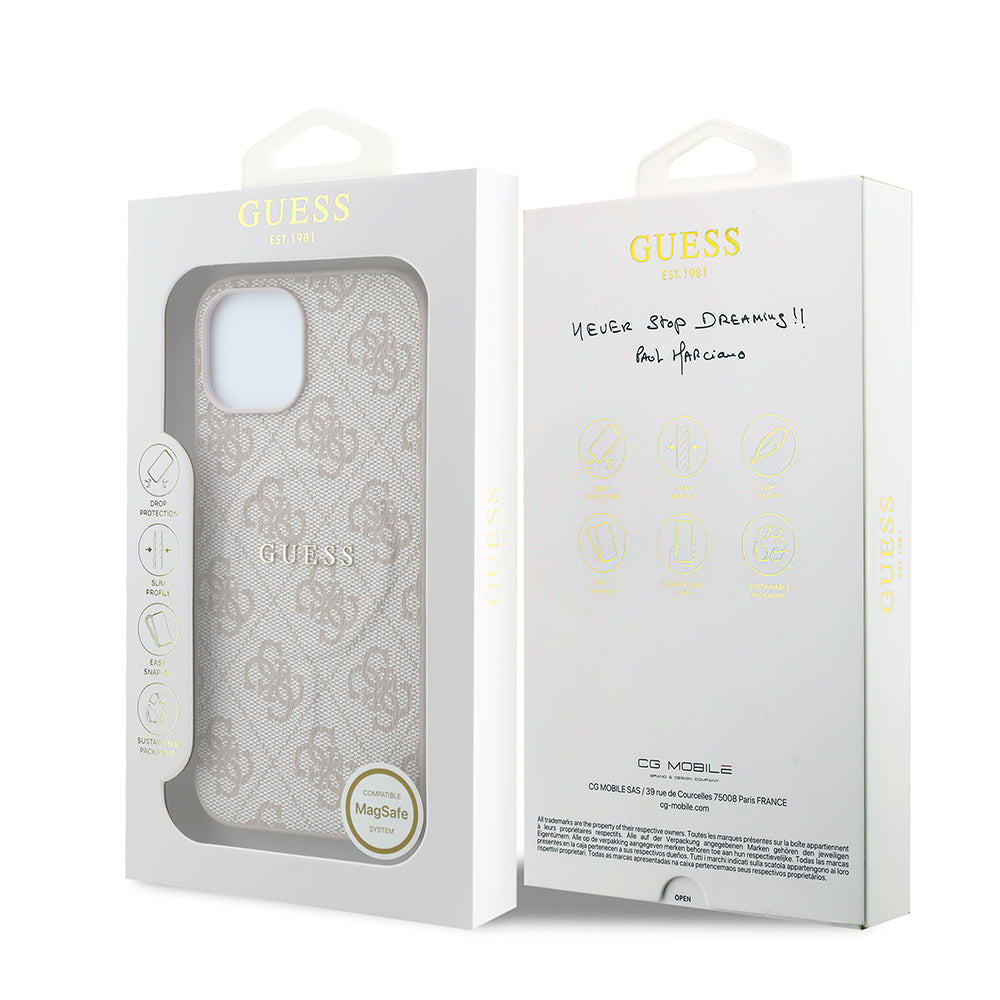 iPhone 15 Kılıf Guess Orijinal Lisanslı M-safe Kabartmalı 4G Desenli Yazı Logolu Kılıf