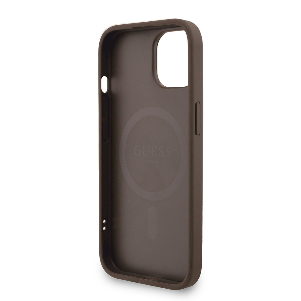 iPhone 15 Kılıf Guess Orijinal Lisanslı M-safe Şarj Özellikli PU Deri Bilek Askı İpli Yazı Logolu Kılıf