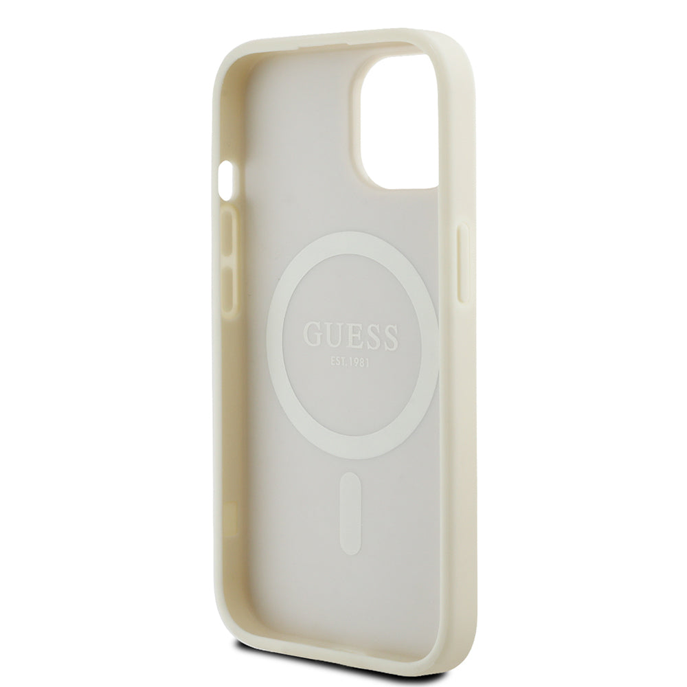 iPhone 15 Kılıf Guess Orijinal Lisanslı M-safe Şarj Özellikli Sıcak Baskılı Üçgen Logolu PU Deri Peony Kılıf