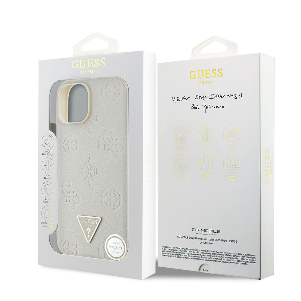 iPhone 15 Kılıf Guess Orijinal Lisanslı M-safe Şarj Özellikli Sıcak Baskılı Üçgen Logolu PU Deri Peony Kılıf