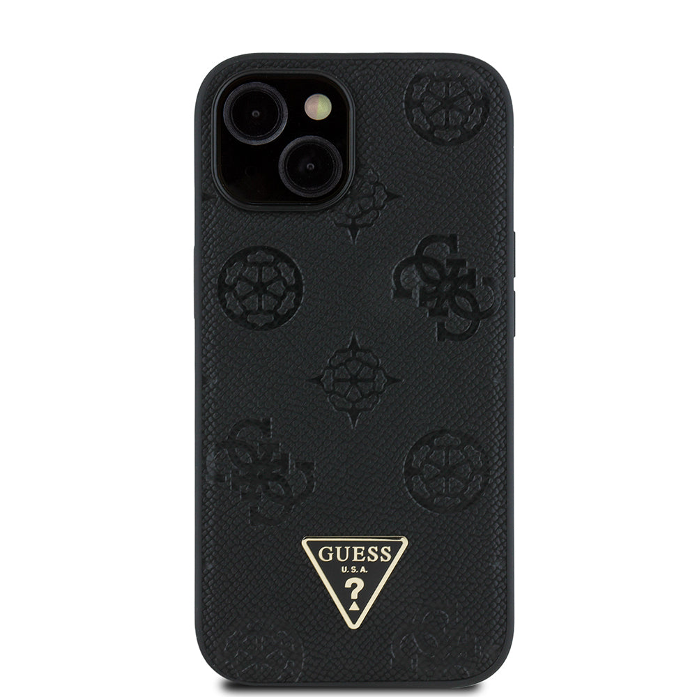 iPhone 15 Kılıf Guess Orijinal Lisanslı M-safe Şarj Özellikli Sıcak Baskılı Üçgen Logolu PU Deri Peony Kılıf