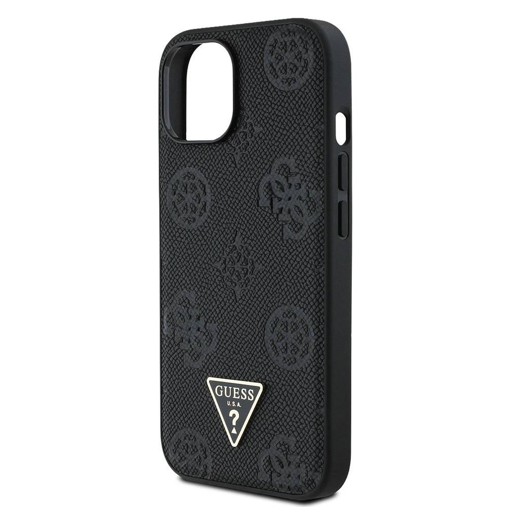 iPhone 15 Kılıf Guess Orijinal Lisanslı M-safe Şarj Özellikli Sıcak Baskılı Üçgen Logolu PU Deri Peony Kılıf