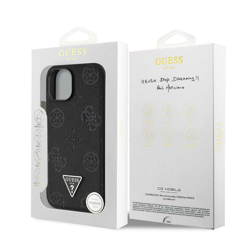 iPhone 15 Kılıf Guess Orijinal Lisanslı M-safe Şarj Özellikli Sıcak Baskılı Üçgen Logolu PU Deri Peony Kılıf