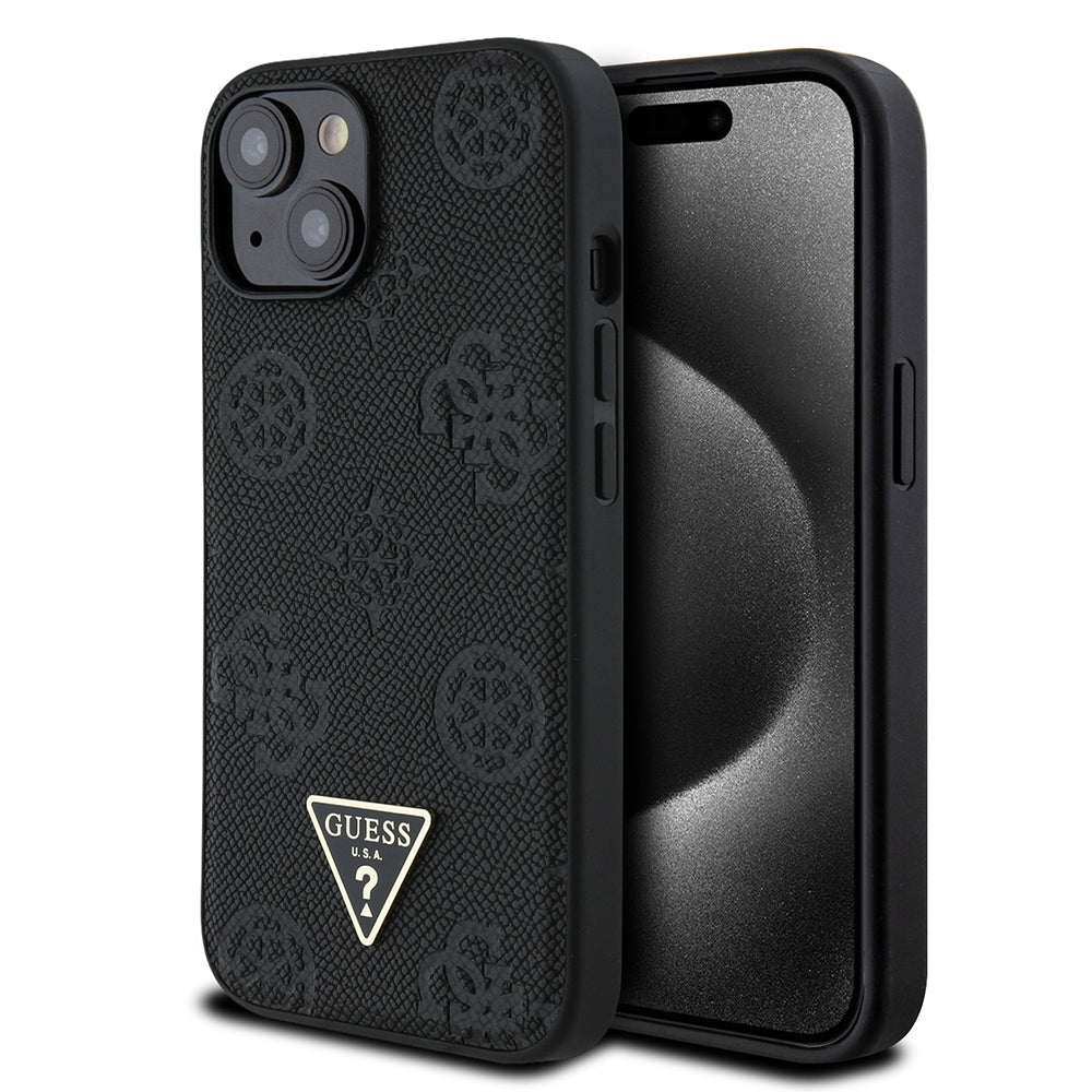 iPhone 15 Kılıf Guess Orijinal Lisanslı M-safe Şarj Özellikli Sıcak Baskılı Üçgen Logolu PU Deri Peony Kılıf