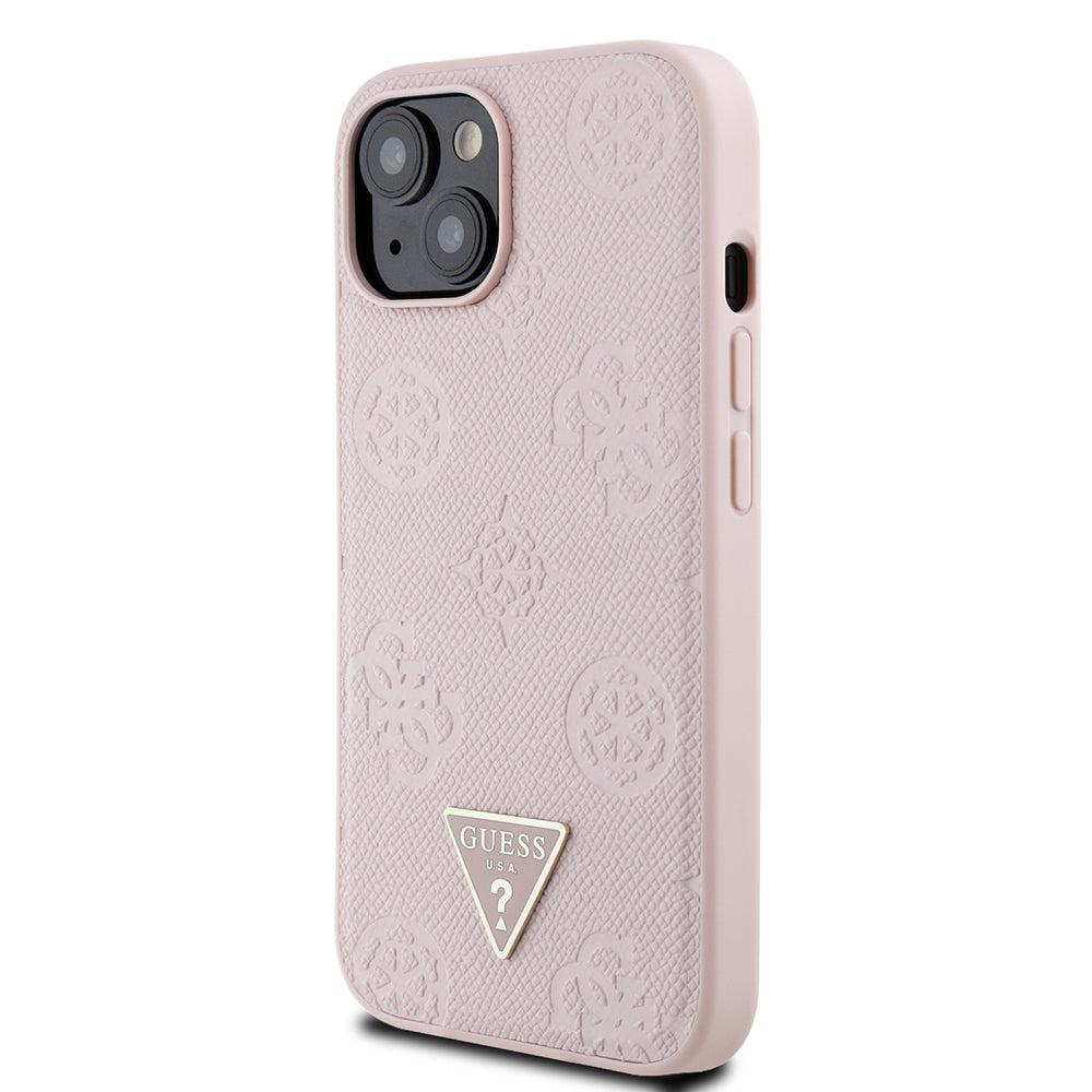 iPhone 15 Kılıf Guess Orijinal Lisanslı M-safe Şarj Özellikli Sıcak Baskılı Üçgen Logolu PU Deri Peony Kılıf