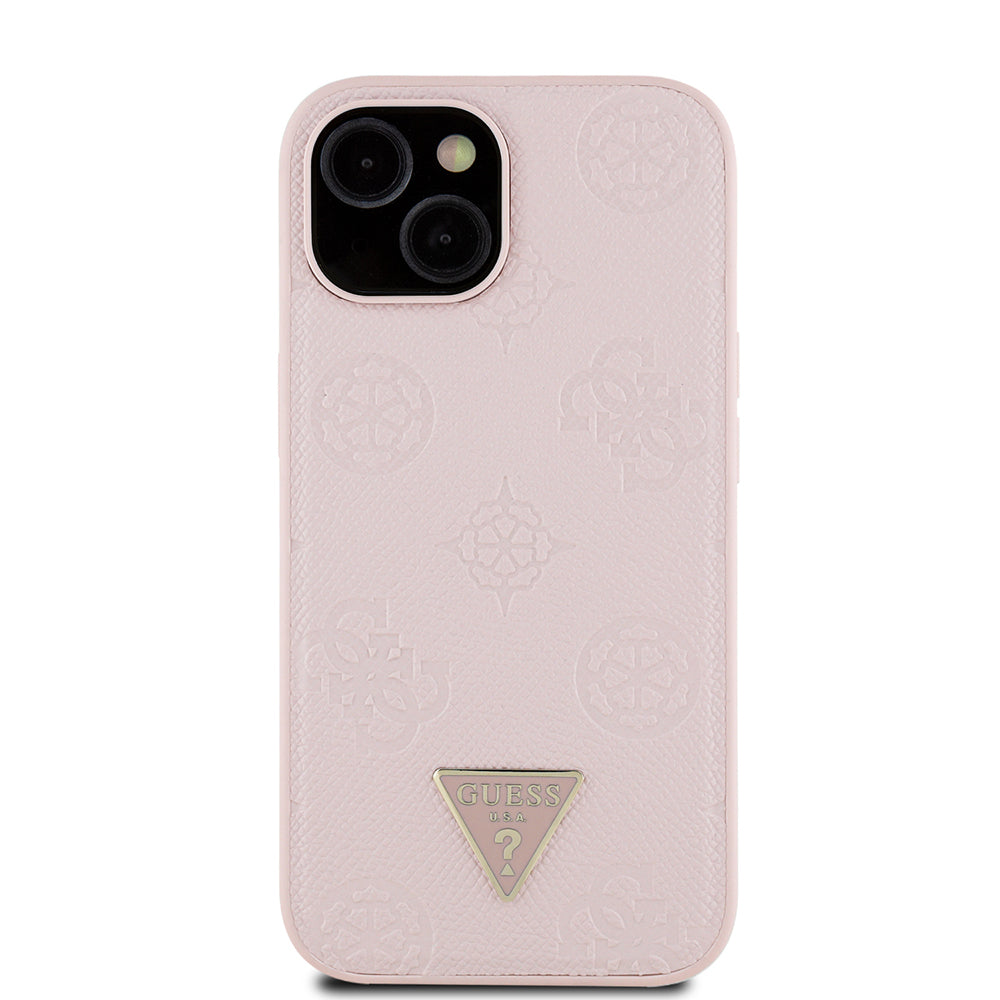 iPhone 15 Kılıf Guess Orijinal Lisanslı M-safe Şarj Özellikli Sıcak Baskılı Üçgen Logolu PU Deri Peony Kılıf