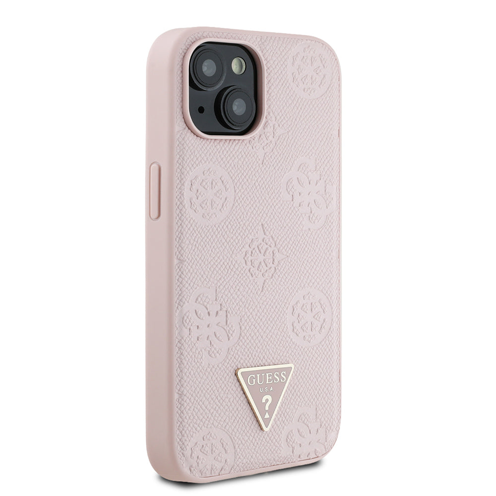 iPhone 15 Kılıf Guess Orijinal Lisanslı M-safe Şarj Özellikli Sıcak Baskılı Üçgen Logolu PU Deri Peony Kılıf