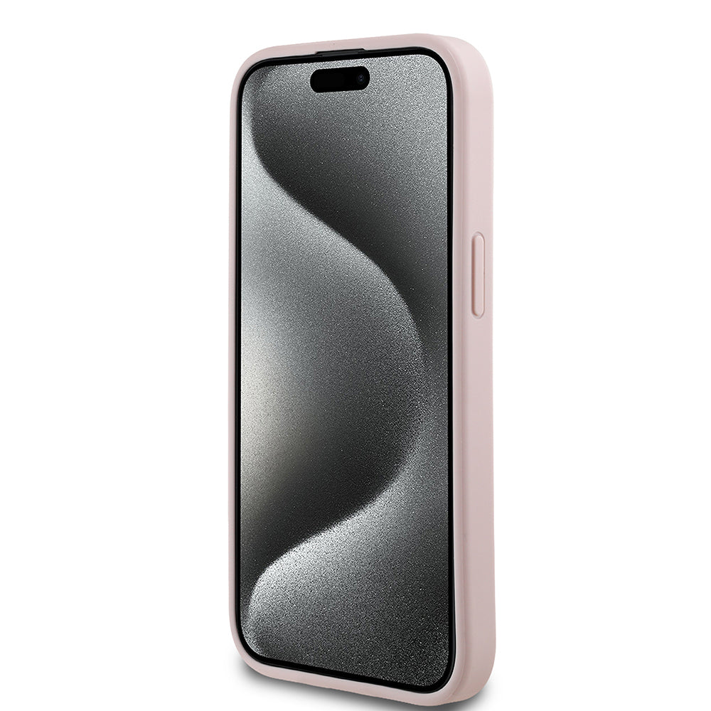 iPhone 15 Kılıf Guess Orijinal Lisanslı M-safe Şarj Özellikli Sıcak Baskılı Üçgen Logolu PU Deri Peony Kılıf