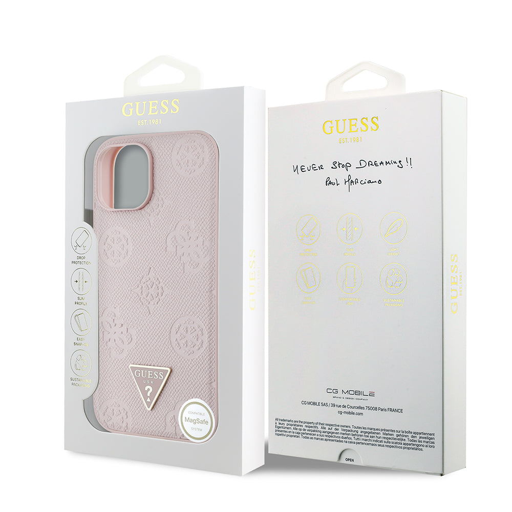 iPhone 15 Kılıf Guess Orijinal Lisanslı M-safe Şarj Özellikli Sıcak Baskılı Üçgen Logolu PU Deri Peony Kılıf