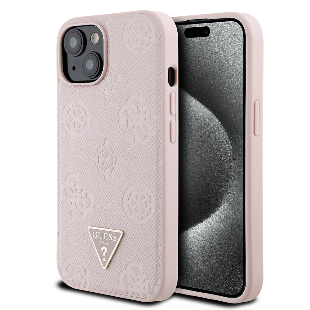 iPhone 15 Kılıf Guess Orijinal Lisanslı M-safe Şarj Özellikli Sıcak Baskılı Üçgen Logolu PU Deri Peony Kılıf
