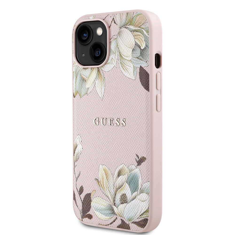 iPhone 15 Kılıf Guess Orijinal Lisanslı M-safe Şarj Özellikli Taneli Çiçek Tasarımlı Metal Yazı Logolu Kılıf