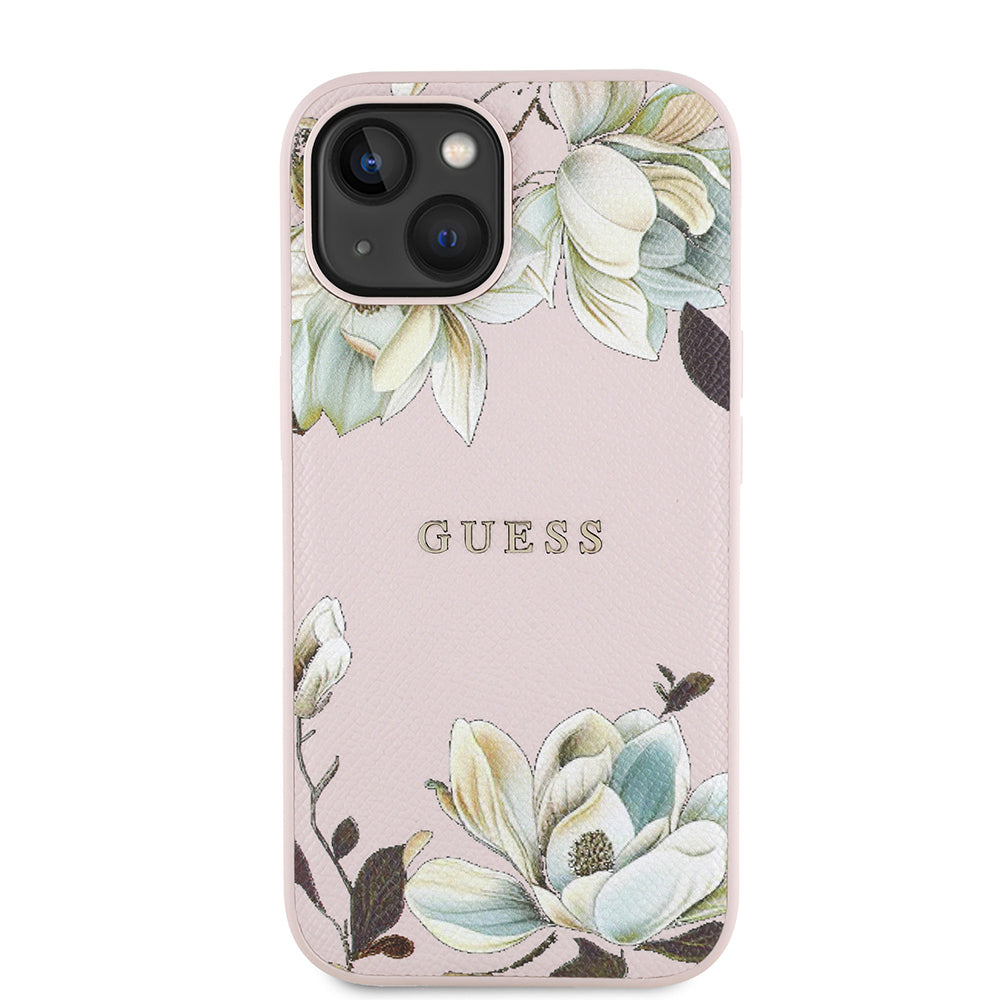iPhone 15 Kılıf Guess Orijinal Lisanslı M-safe Şarj Özellikli Taneli Çiçek Tasarımlı Metal Yazı Logolu Kılıf