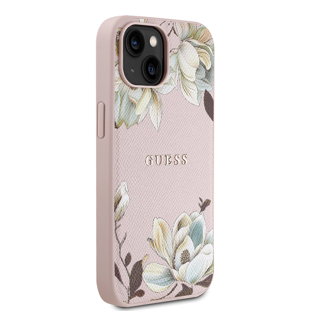 iPhone 15 Kılıf Guess Orijinal Lisanslı M-safe Şarj Özellikli Taneli Çiçek Tasarımlı Metal Yazı Logolu Kılıf