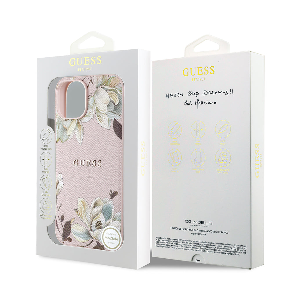 iPhone 15 Kılıf Guess Orijinal Lisanslı M-safe Şarj Özellikli Taneli Çiçek Tasarımlı Metal Yazı Logolu Kılıf