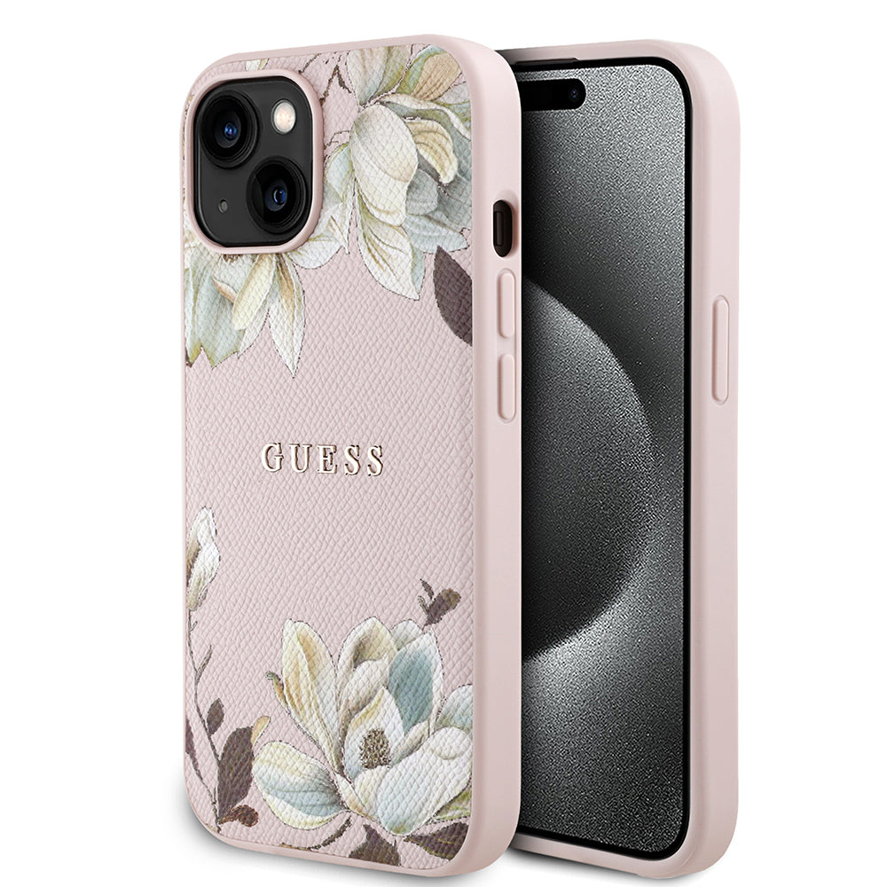 iPhone 15 Kılıf Guess Orijinal Lisanslı M-safe Şarj Özellikli Taneli Çiçek Tasarımlı Metal Yazı Logolu Kılıf