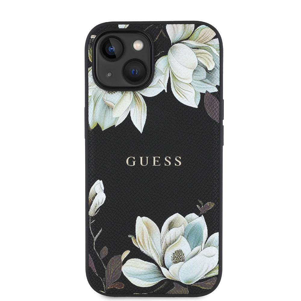 iPhone 15 Kılıf Guess Orijinal Lisanslı M-safe Şarj Özellikli Taneli Çiçek Tasarımlı Metal Yazı Logolu Kılıf