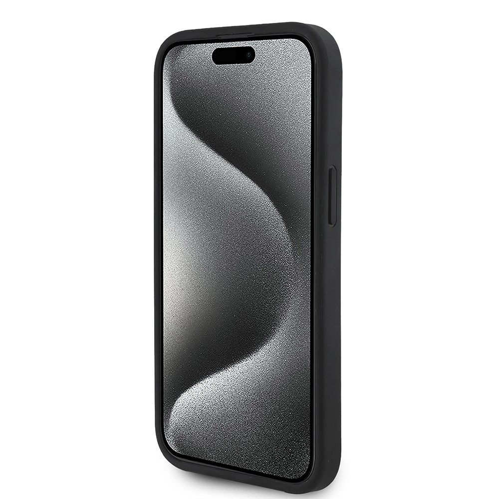 iPhone 15 Kılıf Guess Orijinal Lisanslı M-safe Şarj Özellikli Taneli Çiçek Tasarımlı Metal Yazı Logolu Kılıf