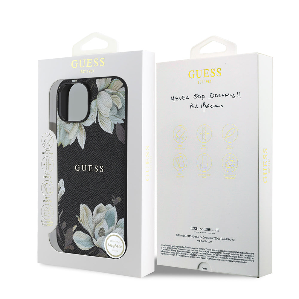 iPhone 15 Kılıf Guess Orijinal Lisanslı M-safe Şarj Özellikli Taneli Çiçek Tasarımlı Metal Yazı Logolu Kılıf