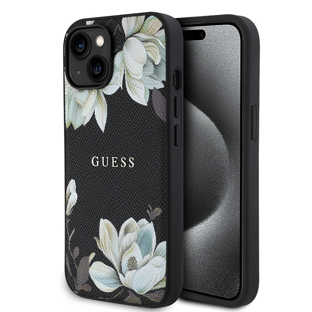 iPhone 15 Kılıf Guess Orijinal Lisanslı M-safe Şarj Özellikli Taneli Çiçek Tasarımlı Metal Yazı Logolu Kılıf