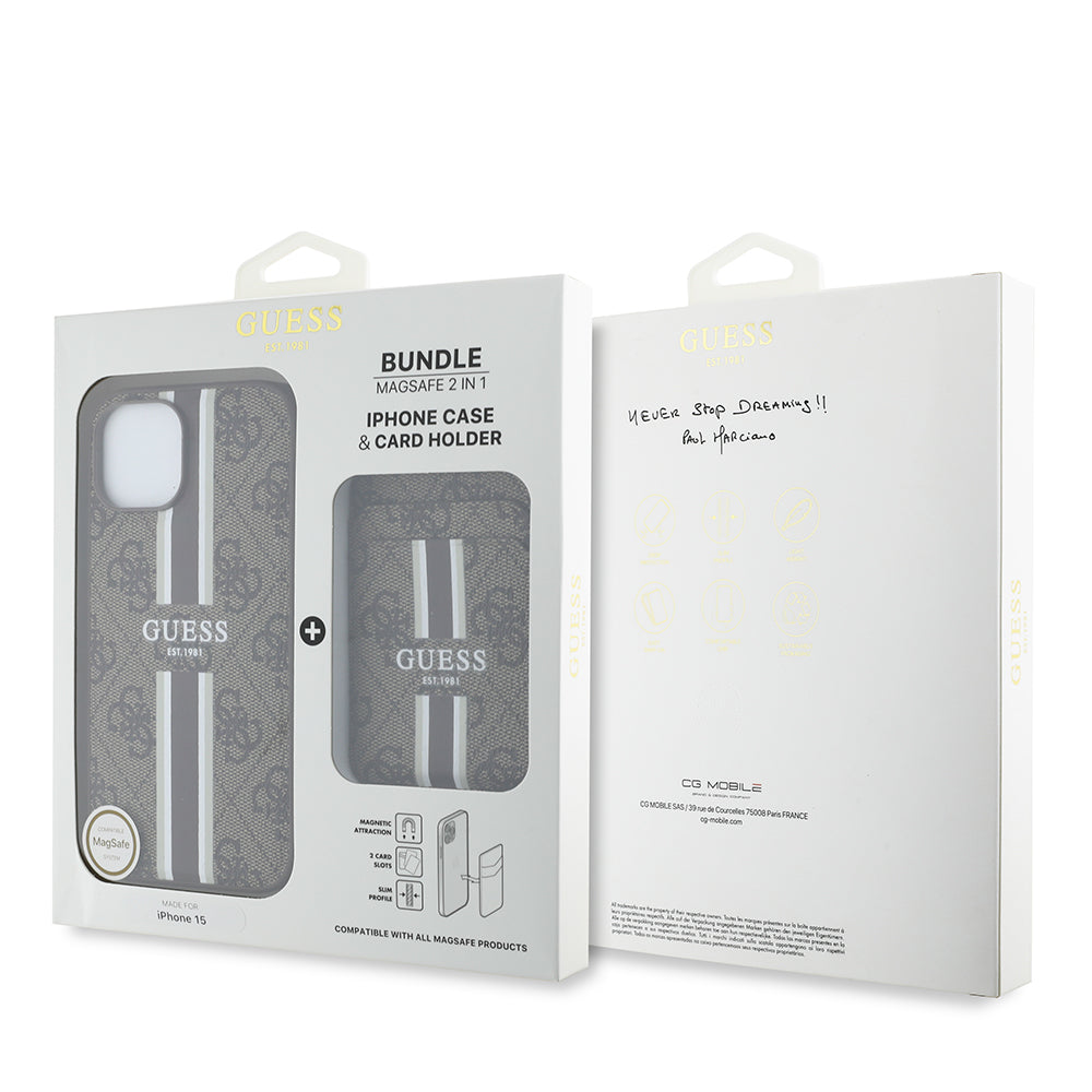 iPhone 15 Kılıf Guess Orijinal Lisanslı M-safe Şarj Özellikli 4G Desenli Çizgili Kartlıklı Kılıf