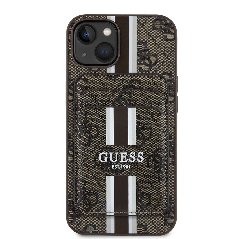iPhone 15 Kılıf Guess Orijinal Lisanslı M-safe Şarj Özellikli 4G Desenli Çizgili Kartlıklı Kılıf