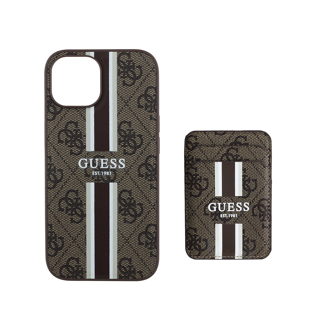 iPhone 15 Kılıf Guess Orijinal Lisanslı M-safe Şarj Özellikli 4G Desenli Çizgili Kartlıklı Kılıf
