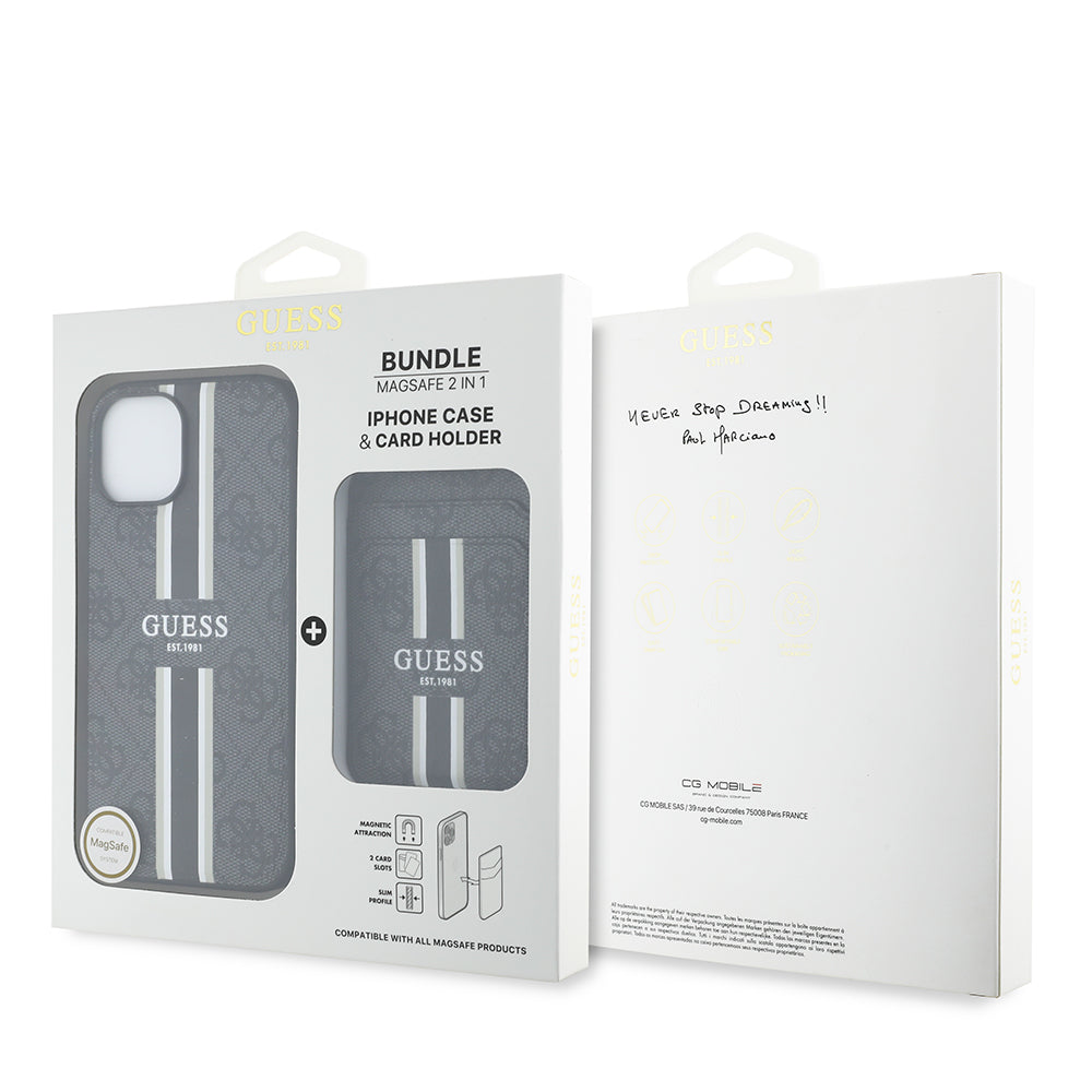 iPhone 15 Kılıf Guess Orijinal Lisanslı M-safe Şarj Özellikli 4G Desenli Çizgili Kartlıklı Kılıf