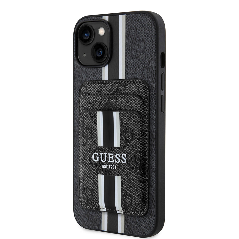 iPhone 15 Kılıf Guess Orijinal Lisanslı M-safe Şarj Özellikli 4G Desenli Çizgili Kartlıklı Kılıf