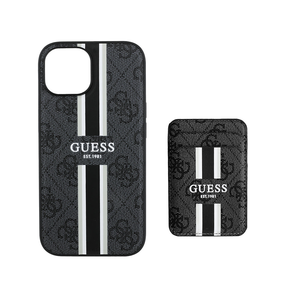 iPhone 15 Kılıf Guess Orijinal Lisanslı M-safe Şarj Özellikli 4G Desenli Çizgili Kartlıklı Kılıf