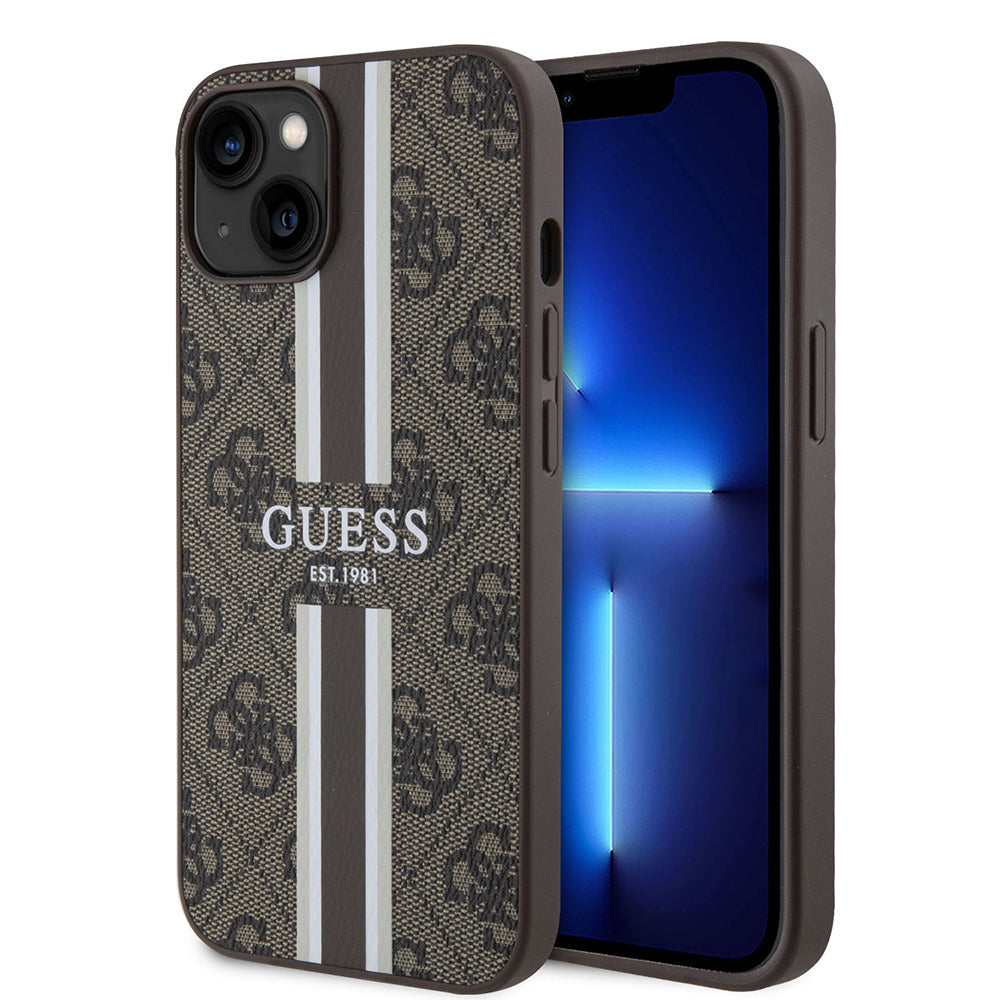 iPhone 15 Kılıf Guess Orijinal Lisanslı M-safe Şarj Özellikli 4G Şerit Tasarımlı Printed Kılıf