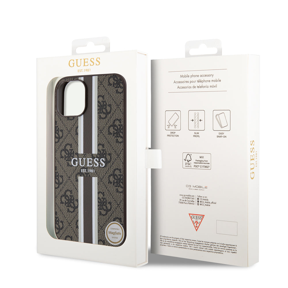 iPhone 15 Kılıf Guess Orijinal Lisanslı M-safe Şarj Özellikli 4G Şerit Tasarımlı Printed Kılıf