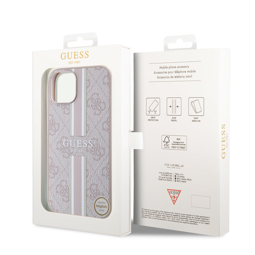 iPhone 15 Kılıf Guess Orijinal Lisanslı M-safe Şarj Özellikli 4G Şerit Tasarımlı Printed Kılıf