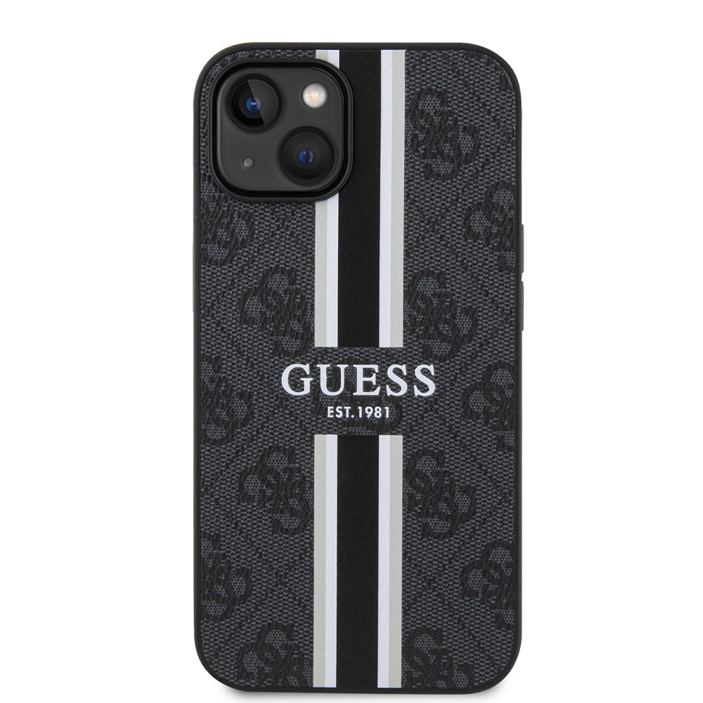 iPhone 15 Kılıf Guess Orijinal Lisanslı M-safe Şarj Özellikli 4G Şerit Tasarımlı Printed Kılıf