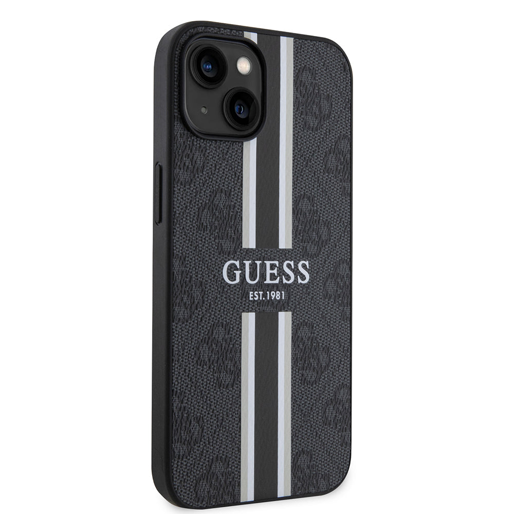 iPhone 15 Kılıf Guess Orijinal Lisanslı M-safe Şarj Özellikli 4G Şerit Tasarımlı Printed Kılıf