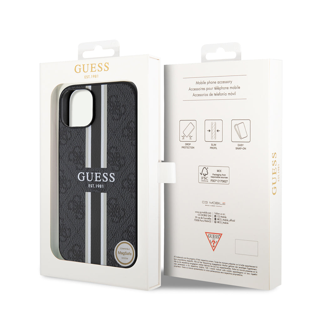 iPhone 15 Kılıf Guess Orijinal Lisanslı M-safe Şarj Özellikli 4G Şerit Tasarımlı Printed Kılıf