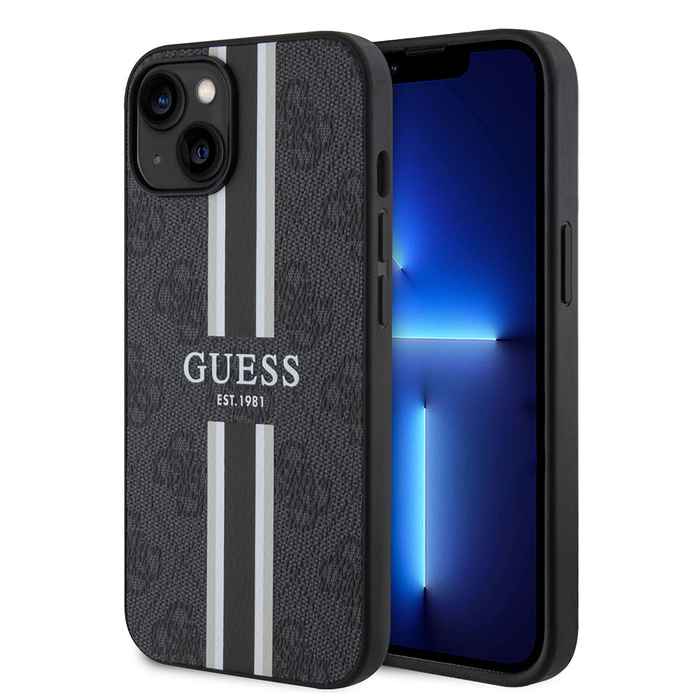 iPhone 15 Kılıf Guess Orijinal Lisanslı M-safe Şarj Özellikli 4G Şerit Tasarımlı Printed Kılıf