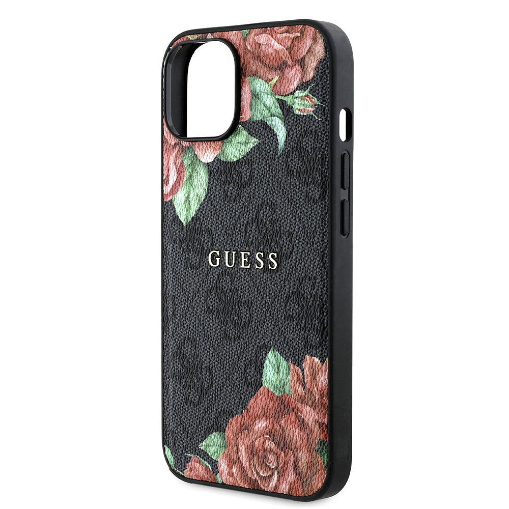 iPhone 15 Kılıf Guess Orijinal Lisanslı M-safe Şarj Özellikli Gül Baskılı 4G Desenli Yazı Logolu Kılıf