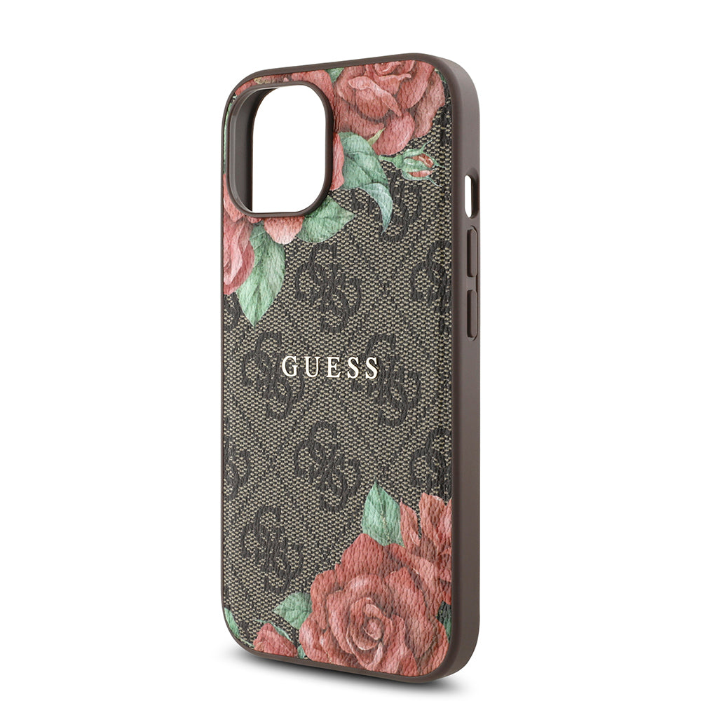 iPhone 15 Kılıf Guess Orijinal Lisanslı M-safe Şarj Özellikli Gül Baskılı 4G Desenli Yazı Logolu Kılıf
