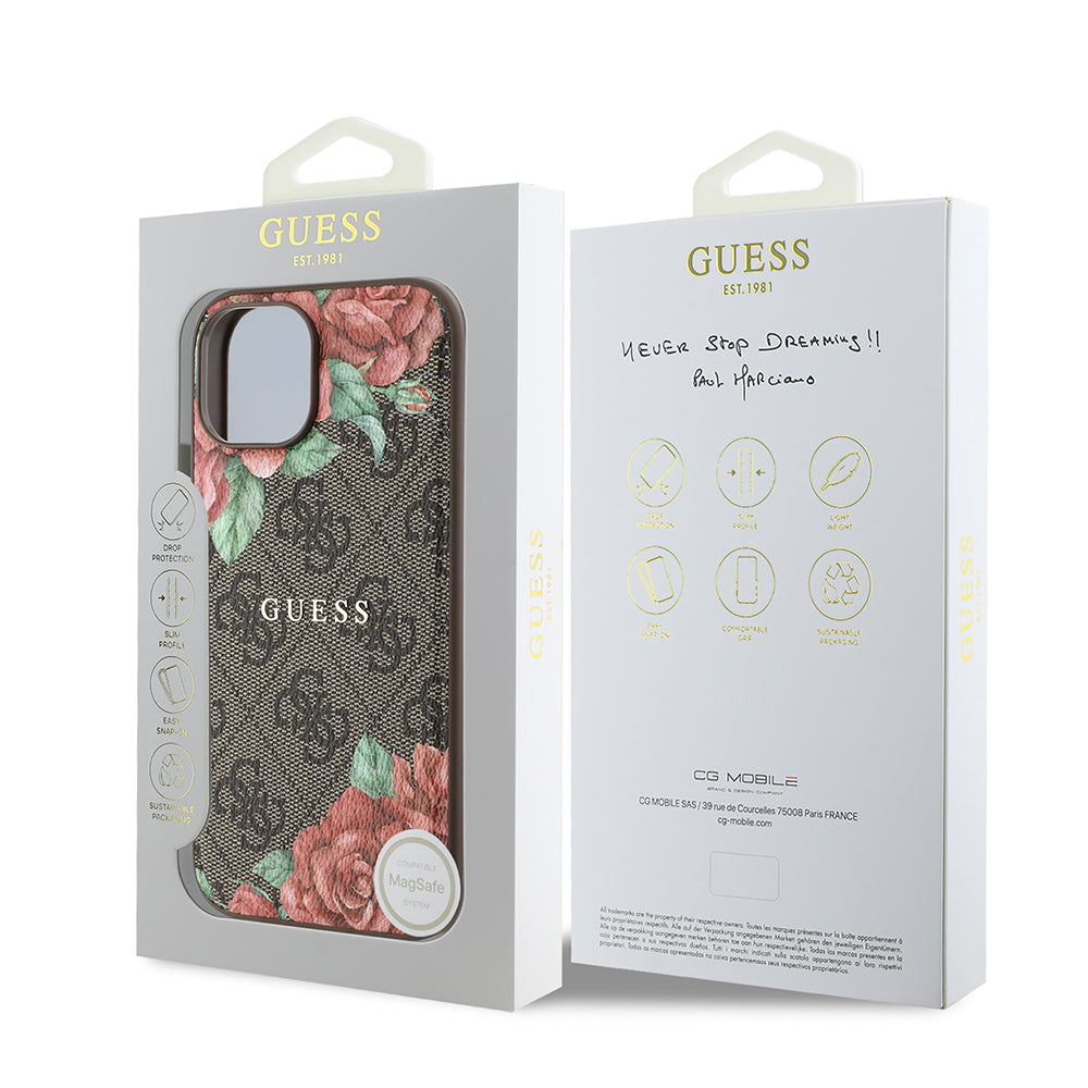 iPhone 15 Kılıf Guess Orijinal Lisanslı M-safe Şarj Özellikli Gül Baskılı 4G Desenli Yazı Logolu Kılıf