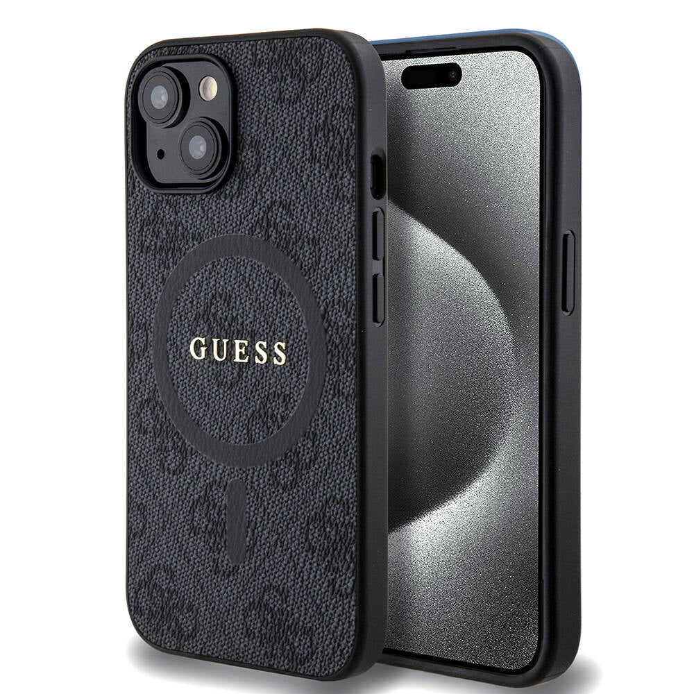 iPhone 15 Kılıf Guess Orijinal Lisanslı M-safe Şarj Özellikli PU Halkalı 4G Desenli Yazı Logolu Kılıf