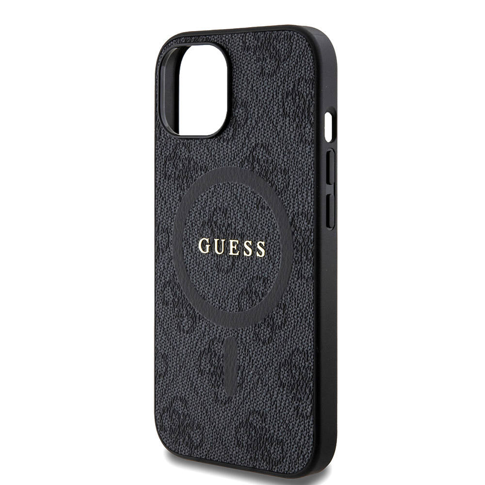 iPhone 15 Kılıf Guess Orijinal Lisanslı M-safe Şarj Özellikli PU Halkalı 4G Desenli Yazı Logolu Kılıf