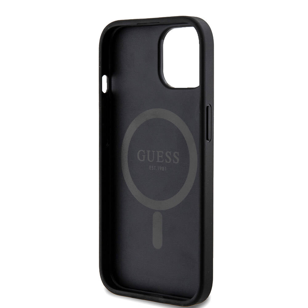 iPhone 15 Kılıf Guess Orijinal Lisanslı M-safe Şarj Özellikli PU Halkalı 4G Desenli Yazı Logolu Kılıf