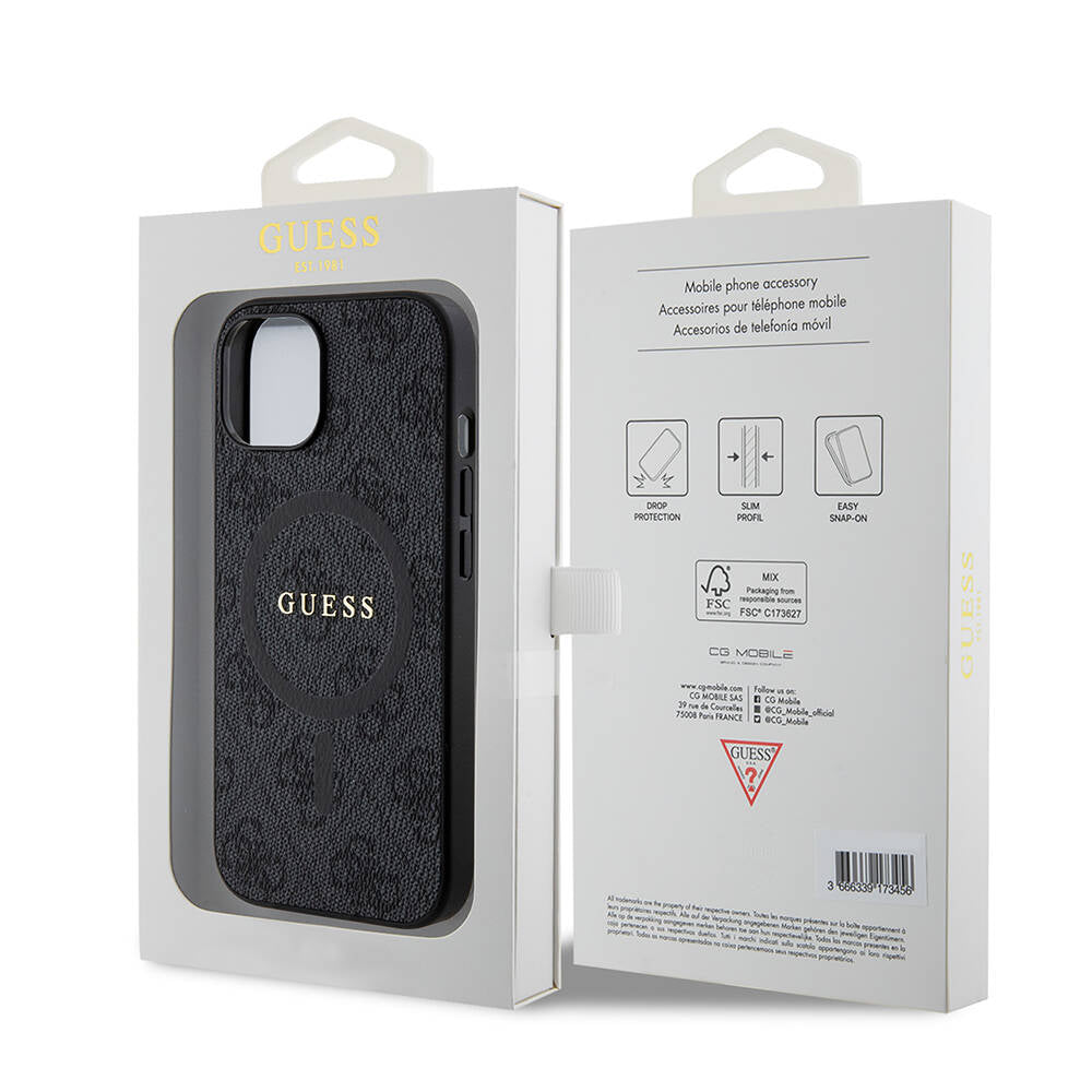 iPhone 15 Kılıf Guess Orijinal Lisanslı M-safe Şarj Özellikli PU Halkalı 4G Desenli Yazı Logolu Kılıf