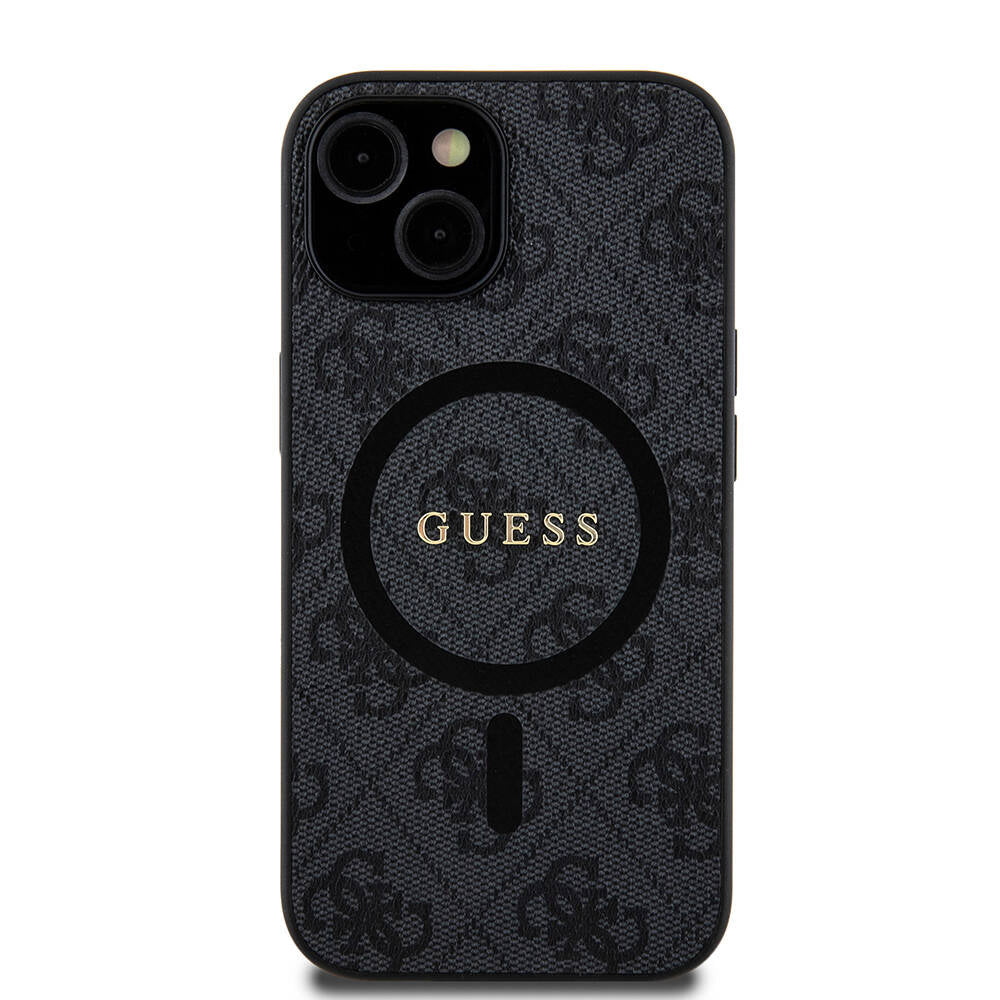 iPhone 15 Kılıf Guess Orijinal Lisanslı M-safe Şarj Özellikli PU Halkalı 4G Desenli Yazı Logolu Kılıf