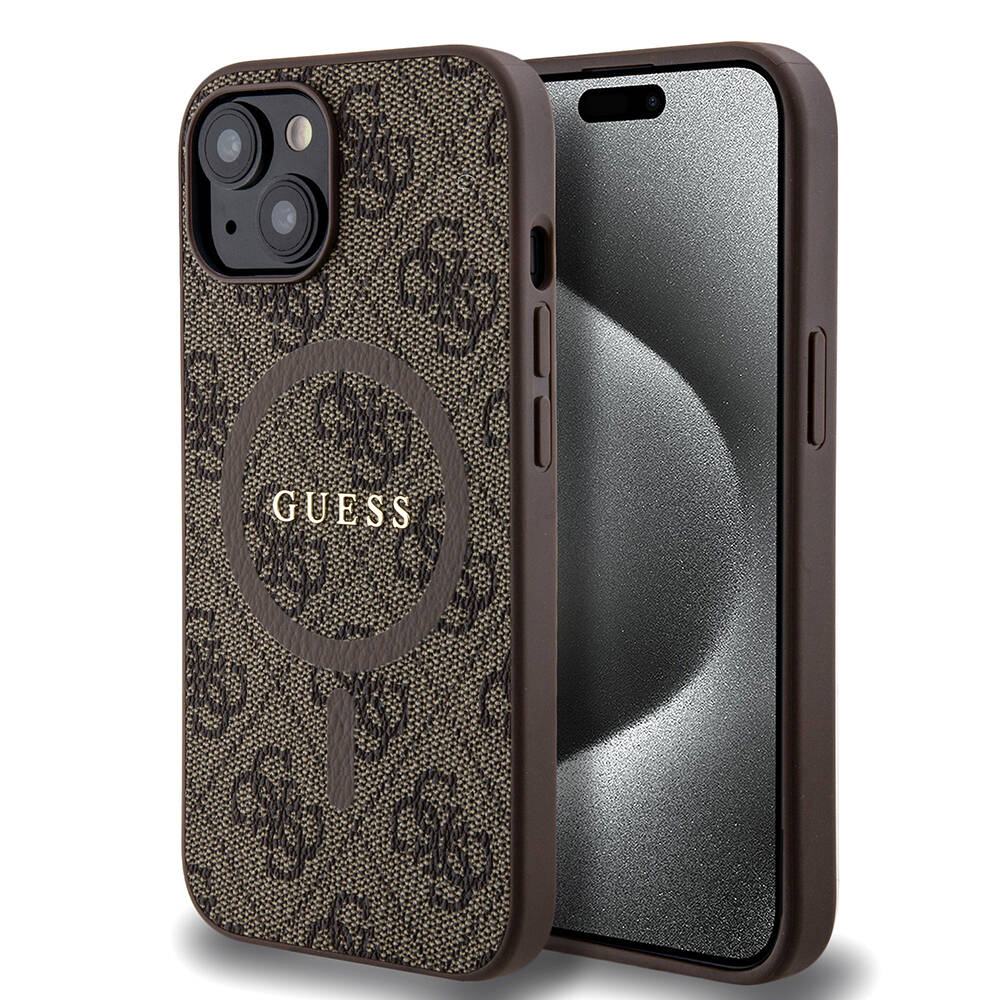 iPhone 15 Kılıf Guess Orijinal Lisanslı M-safe Şarj Özellikli PU Halkalı 4G Desenli Yazı Logolu Kılıf