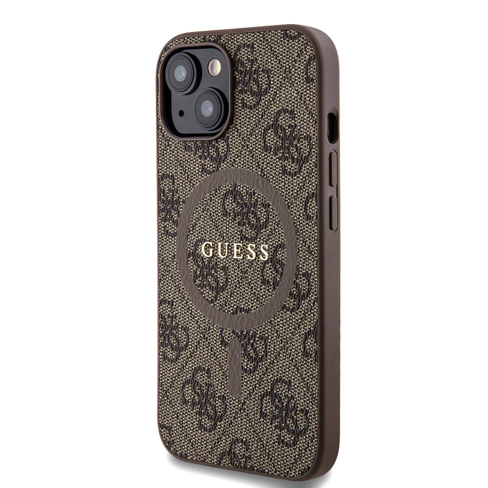 iPhone 15 Kılıf Guess Orijinal Lisanslı M-safe Şarj Özellikli PU Halkalı 4G Desenli Yazı Logolu Kılıf